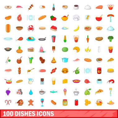 100 yemek ikonu, çizgi film tarzı.