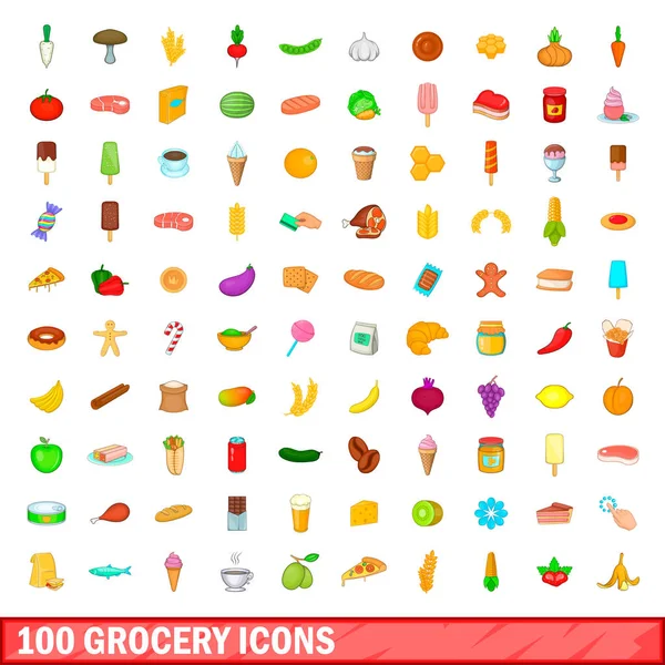 Ensemble de 100 icônes d'épicerie, style dessin animé — Image vectorielle