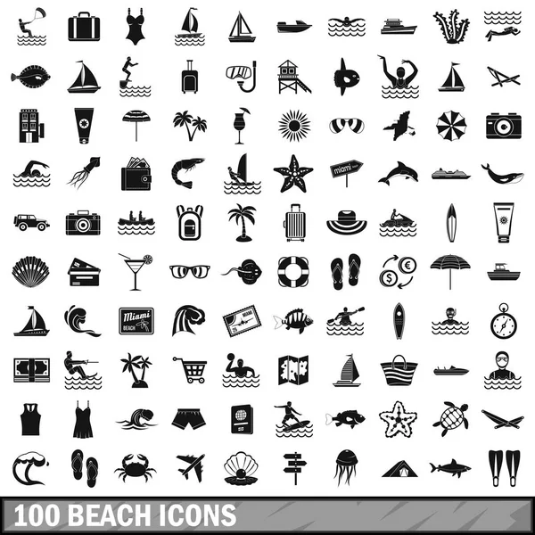 Set di 100 icone da spiaggia, stile semplice — Vettoriale Stock
