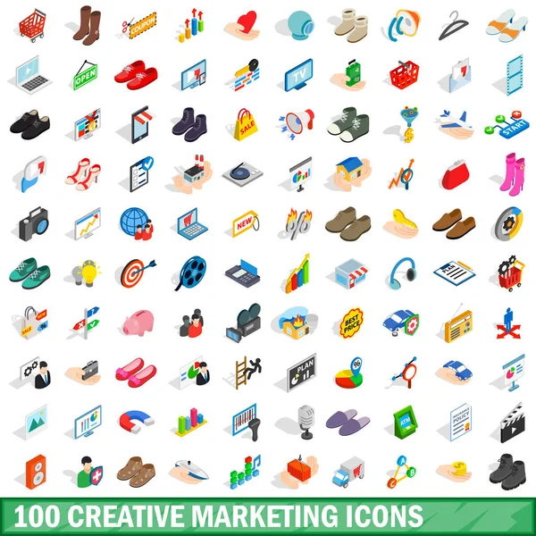100 креативных иконок маркетинга, изометрический стиль — стоковый вектор