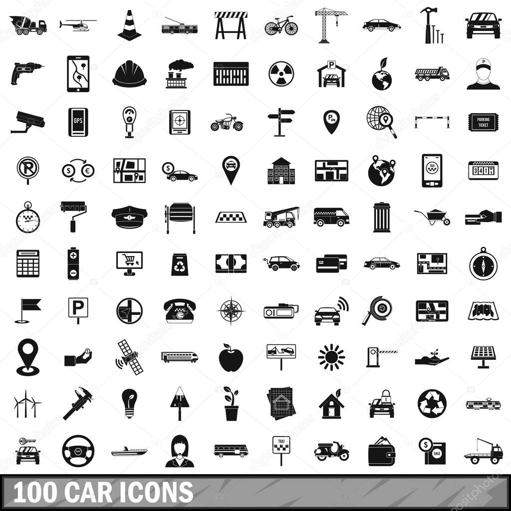 100 car icons set, simple style