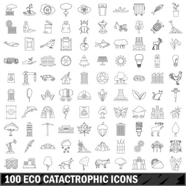 100 çevre felaket Icons set, anahat stili