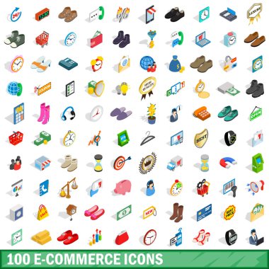 100 e-ticaret Icons set, izometrik 3d stili