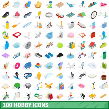 100 hobi Icons set, izometrik 3d stili