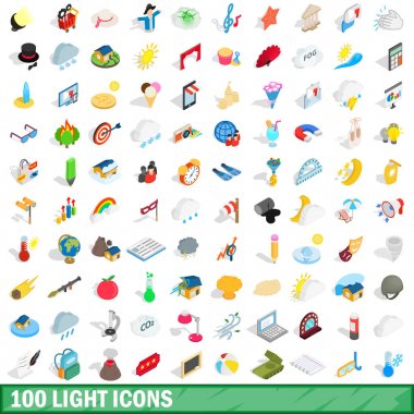 100 ışık Icons set, izometrik 3d stili