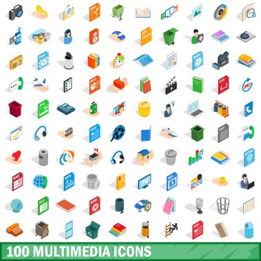100 Multimedya simgeler kümesi, izometrik 3d stili