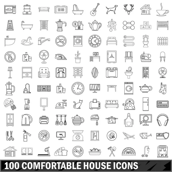 Ensemble de 100 icônes de maison confortables, style contour — Image vectorielle