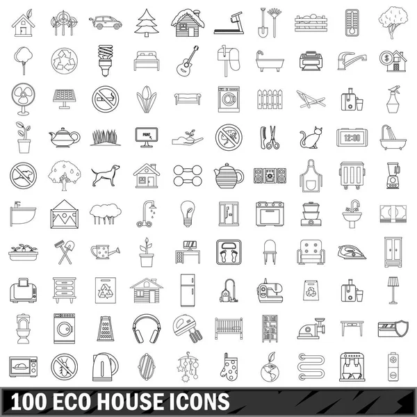 100 Eko ev Icons set, anahat stili — Stok Vektör