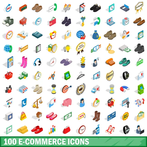 Conjunto de 100 iconos de comercio electrónico, estilo 3D isométrico — Vector de stock