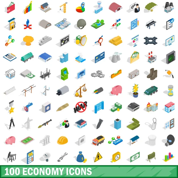 100 iconos de la economía conjunto, estilo isométrico 3d — Vector de stock