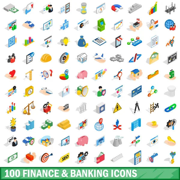 Set di 100 icone finanziarie e bancarie, in stile isometrico — Vettoriale Stock