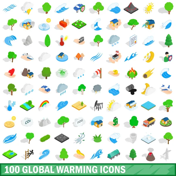 100 sett med globale oppvarmingsikoner, isometrisk 3d-stil – stockvektor