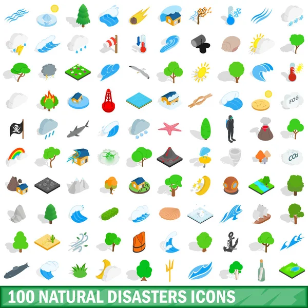 100 natural disasters icons set, isometric style — Stock Vector