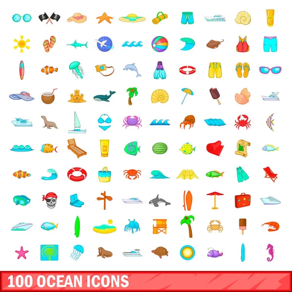 100 conjunto de iconos del océano, estilo de dibujos animados — Vector de stock