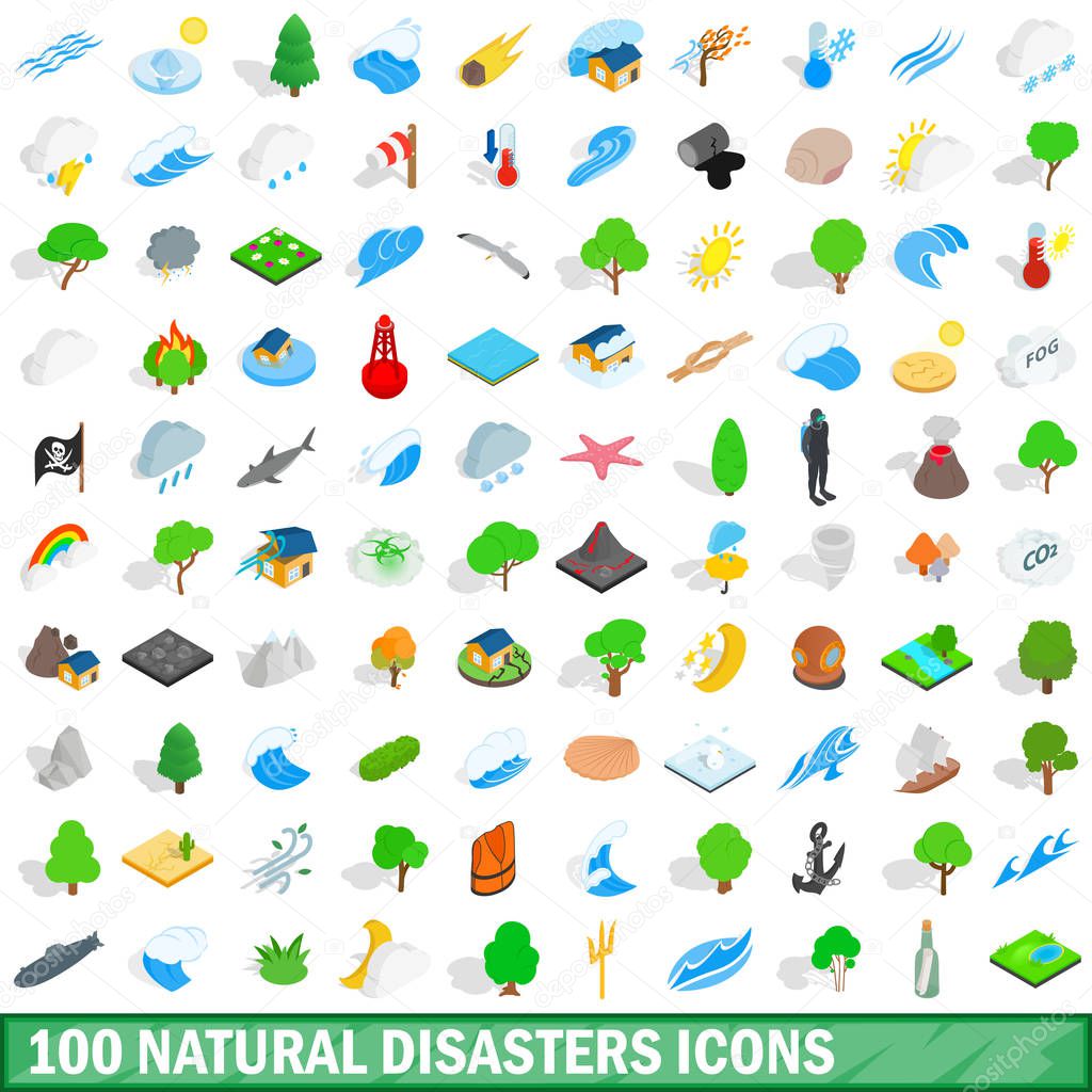 100 natural disasters icons set, isometric style