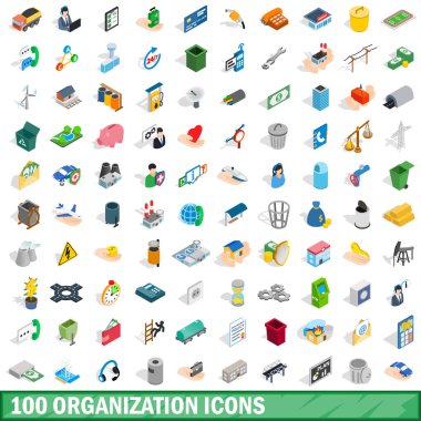100 organizasyon Icons set, izometrik 3d stili