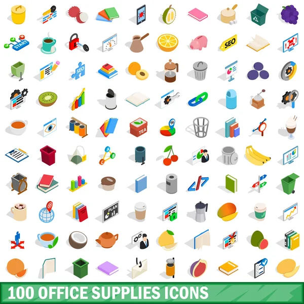 100 ofis malzemeleri Icons set, izometrik 3d stili — Stok Vektör