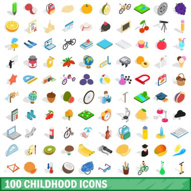 100 çocukluk Icons set, izometrik 3d stili