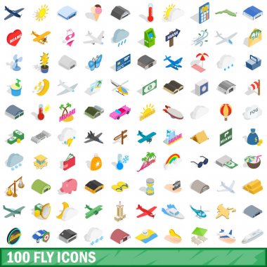 100 Icons set, izometrik 3d stil uçmak
