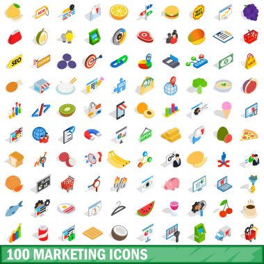 100 pazarlama Icons set, izometrik 3d tarzı