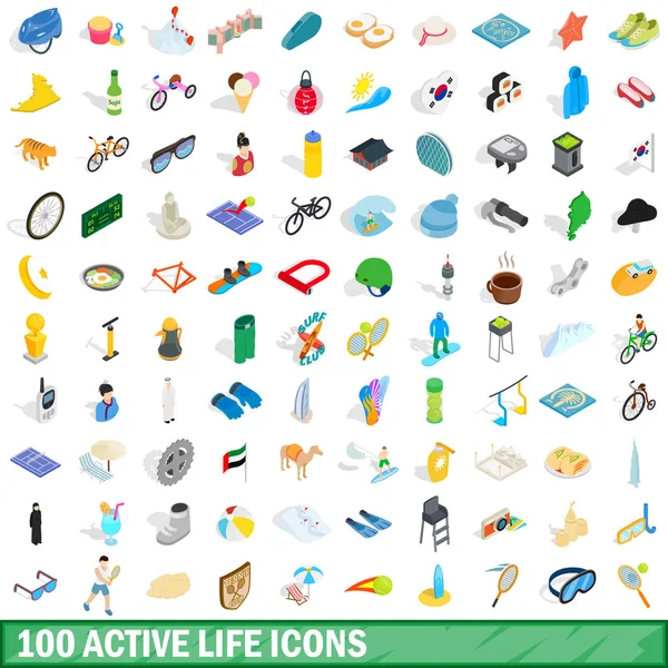Conjunto de 100 iconos de vida activa, estilo 3D isométrico — Vector de stock