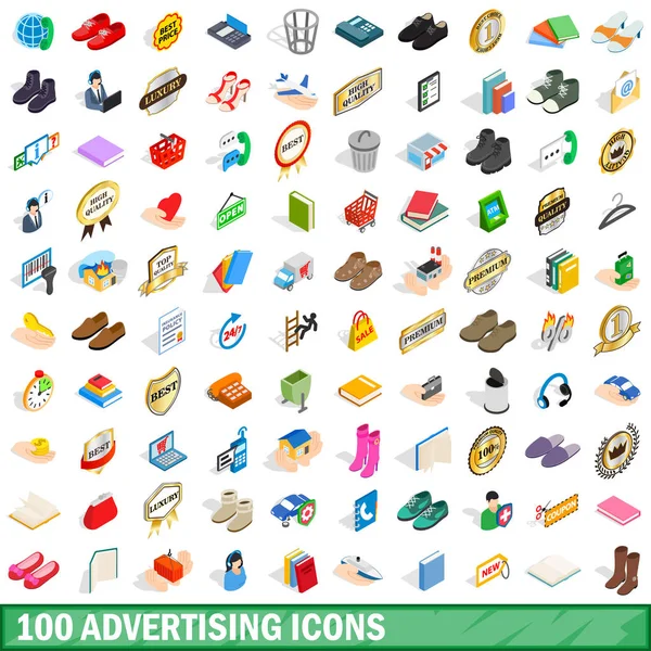 Conjunto de 100 iconos publicitarios, estilo 3D isométrico — Vector de stock