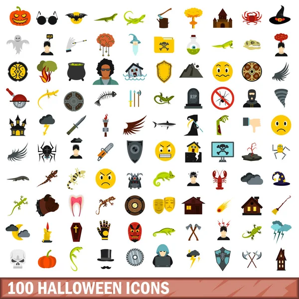 Ensemble de 100 icônes d'Halloween, style plat — Image vectorielle