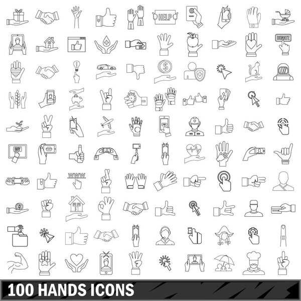 100 hands icons set, outline style