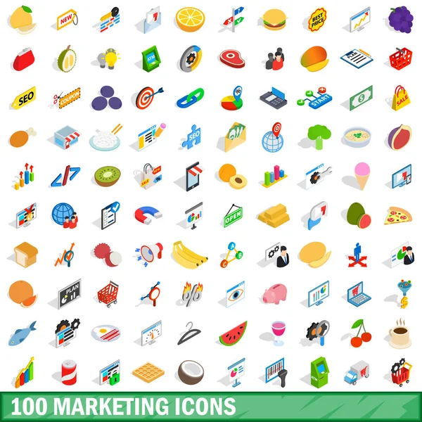 100 маркетинговых иконок, изометрический 3d стиль — стоковый вектор