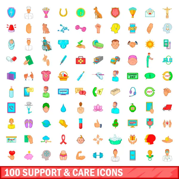 100 conjunto de iconos de apoyo y cuidado, estilo de dibujos animados — Vector de stock