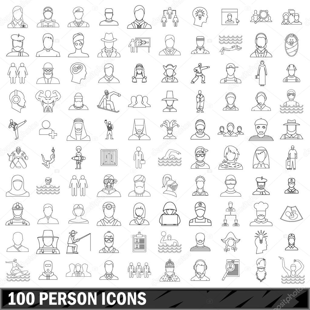 100 person icons set, outline style