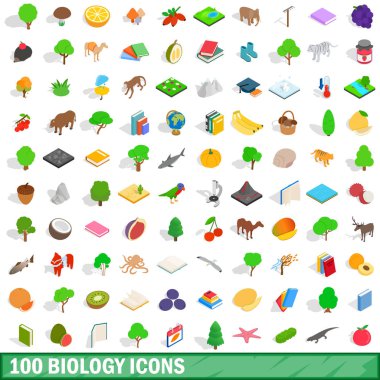 100 Biyoloji Icons set, izometrik 3d stili