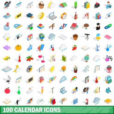 100 takvim Icons set, izometrik 3d stili