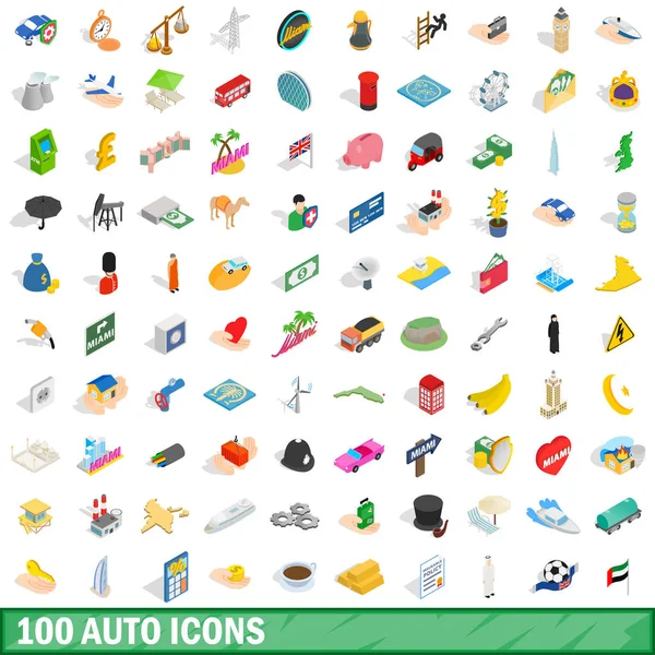 100 iconos de auto conjunto, estilo isométrico 3d — Vector de stock