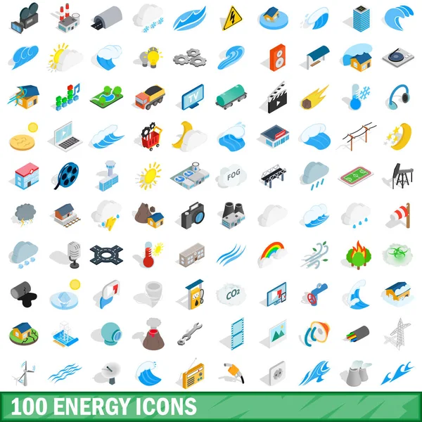 100 Energie-Icons Set, isometrischer 3D-Stil — Stockvektor