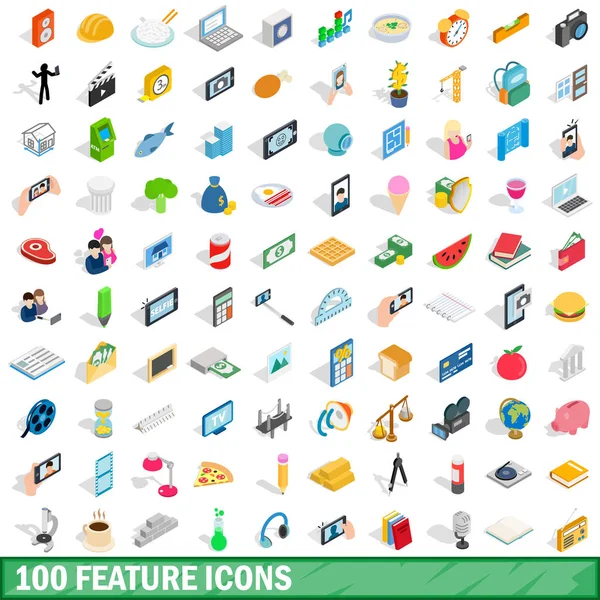 100 iconos característica conjunto, estilo isométrico 3d — Vector de stock