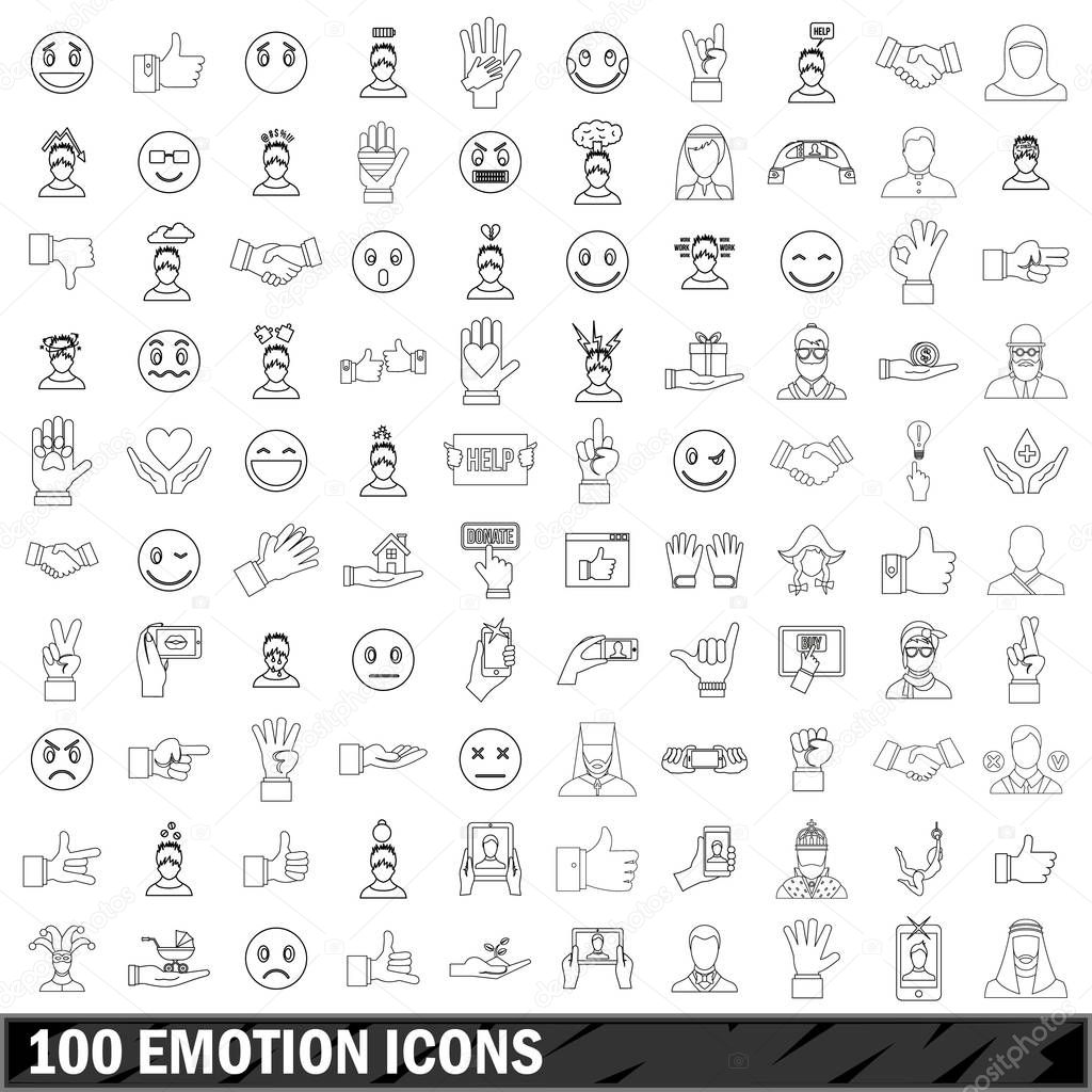 100 emotion icons set, outline style