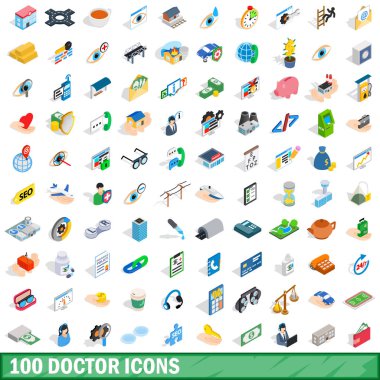 100 doktor Icons set, izometrik 3d stili