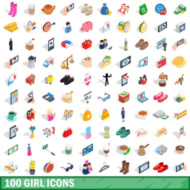 100 kız Icons set, izometrik 3d stili