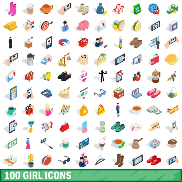 100 conjunto de ícones menina, estilo 3D isométrico — Vetor de Stock
