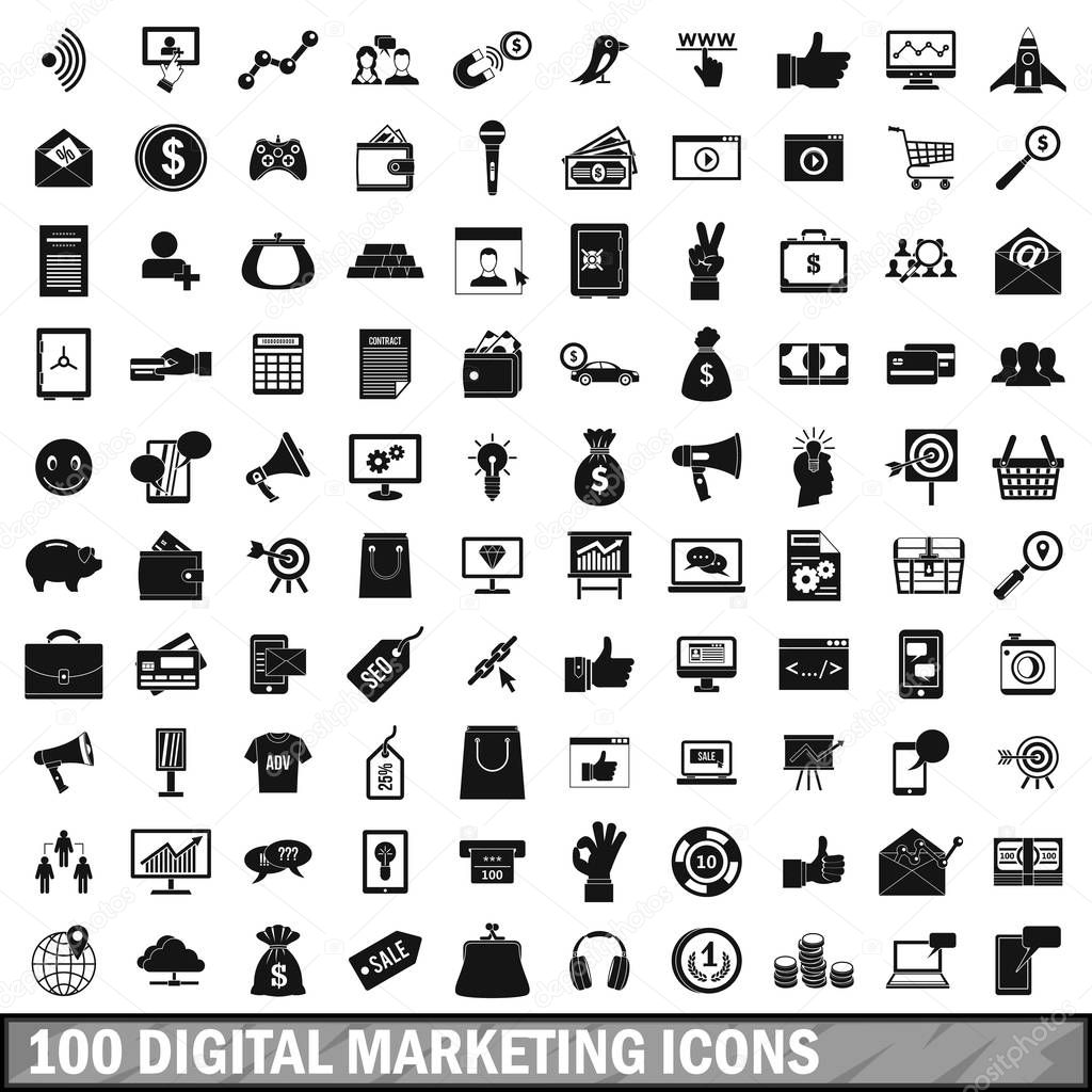 100 digital marketing icons set, simple style