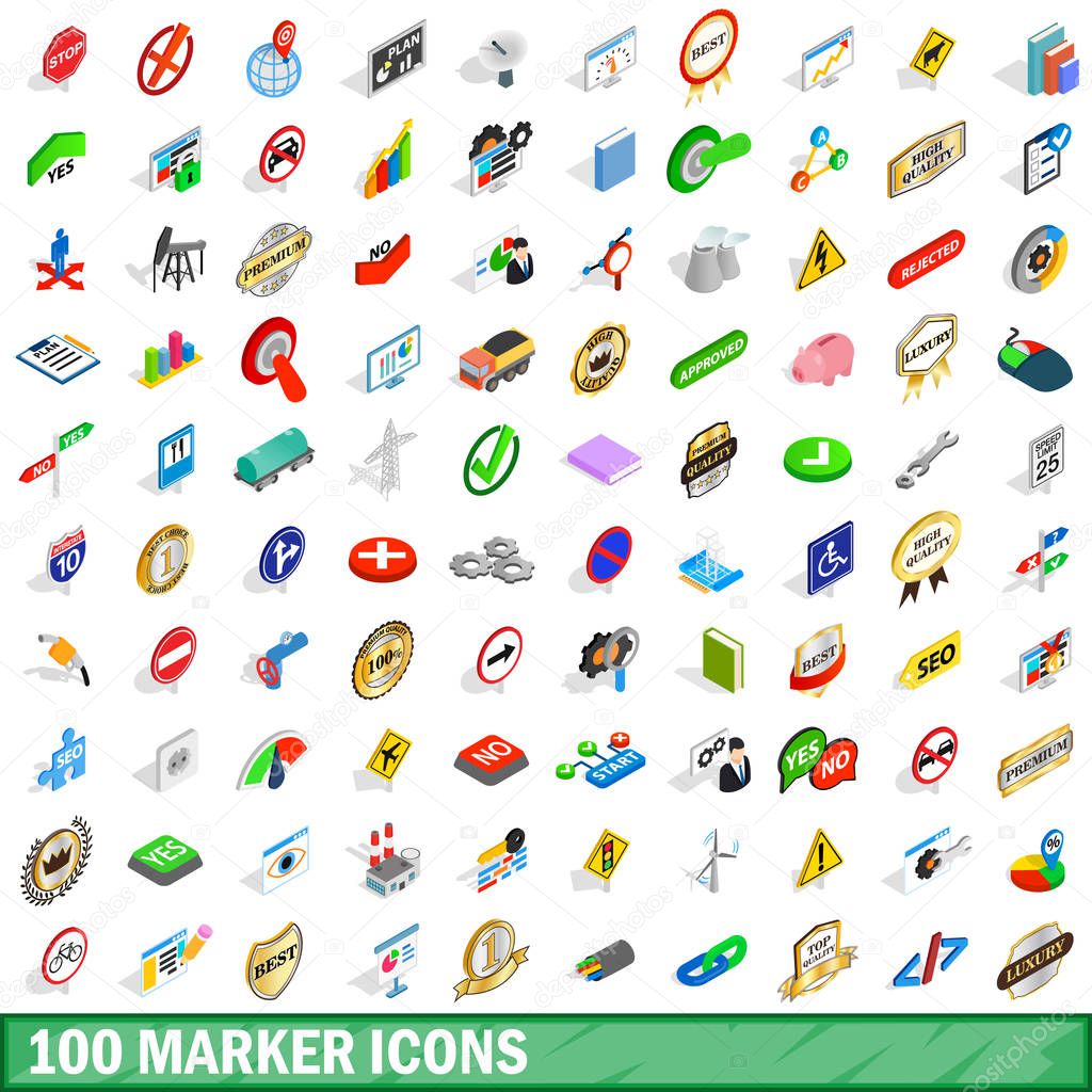 100 marker icons set, isometric 3d style