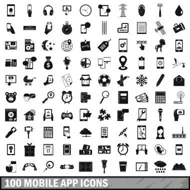 100 mobil app Icons set, basit tarzı