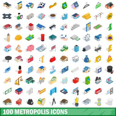 100 metropolis Icons set, izometrik 3d stili