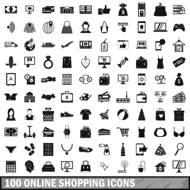 100 online alışveriş Icons set, basit tarzı