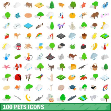 100 evcil hayvan Icons set, izometrik 3d stili