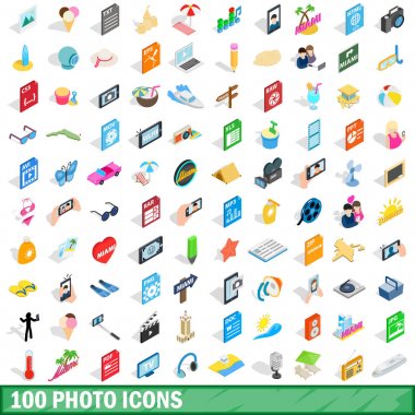100 fotoğraf Icons set, izometrik 3d stili