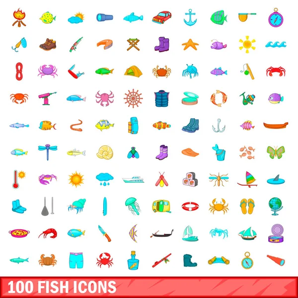 100 рибних іконок, мультиплікаційний стиль — стоковий вектор