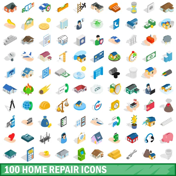 100 hem reparation ikoner set, isometrisk 3d-stil — Stock vektor