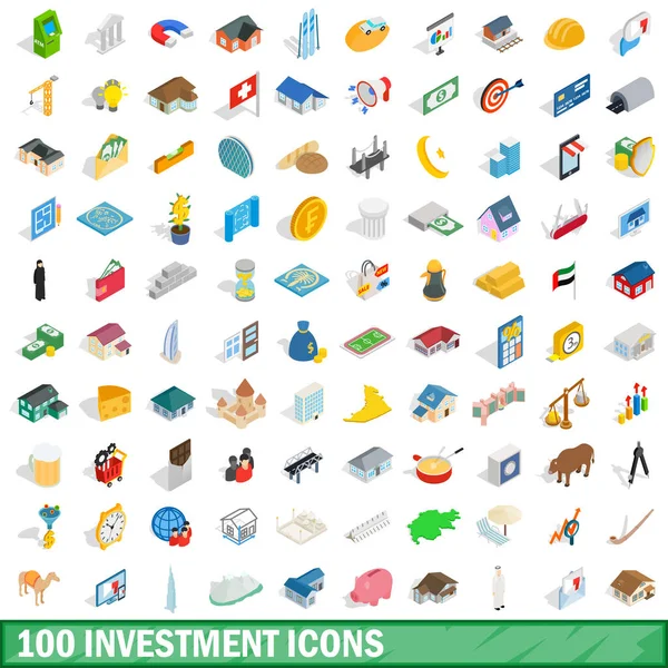 100 investeringen iconen set, isometrische 3D-stijl — Stockvector